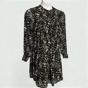 Molly Bracken Black Animal Print Dress Medium Tiered Babydoll Sheer Long Sleeve